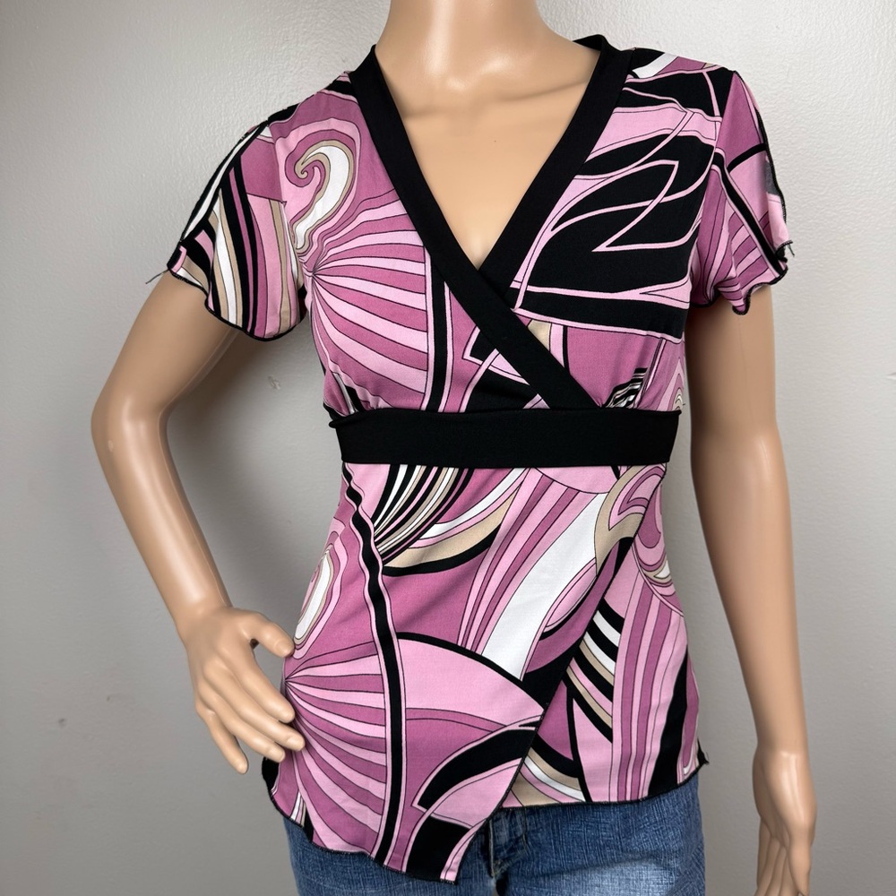 Y2K Byline Faux Wrap Top M Pink Black Swirl Print‎ Stretch Tie Waist Made in USA